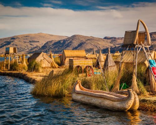 The floating reed islands of Los Uros on Lake Titicaca in the Puno region of Peru